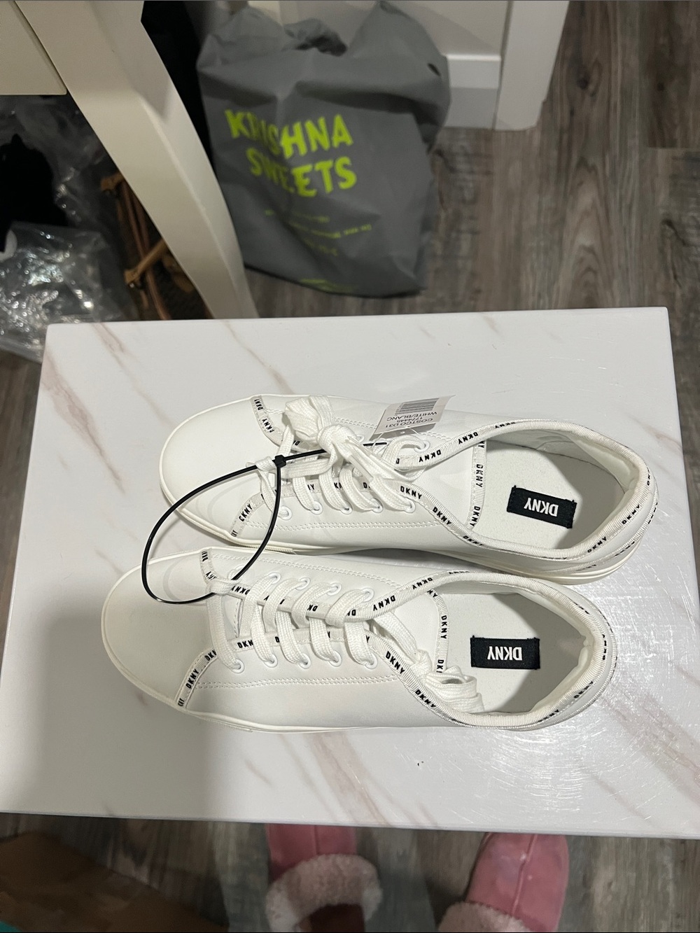 DKNY White Low-Top Lace-Up Sneakers with Branded Trim